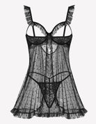 Black polka-dot mesh babydoll with underwire cups, ruffled shoulders and lace trim