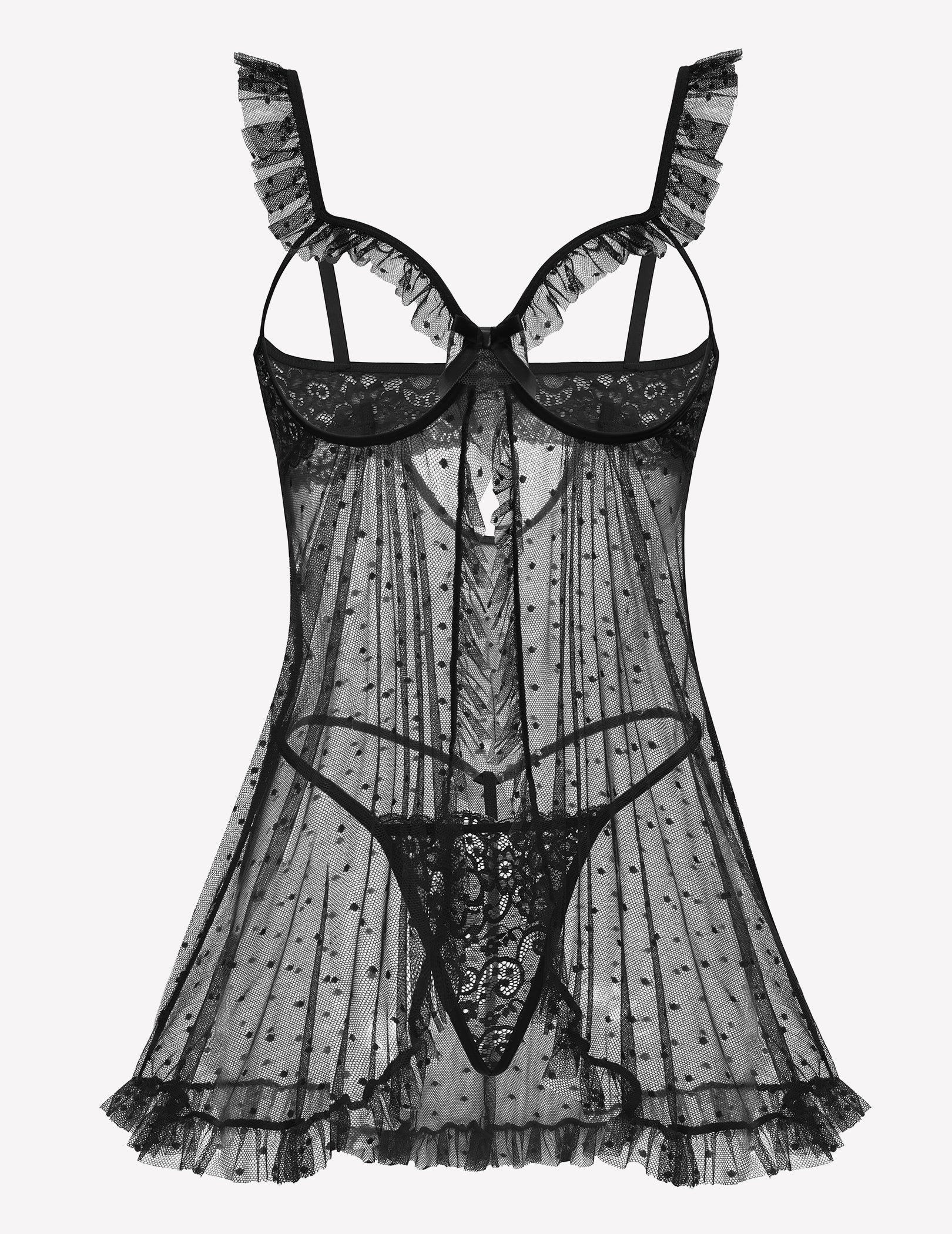 Black polka-dot mesh babydoll with underwire cups, ruffled shoulders and lace trim