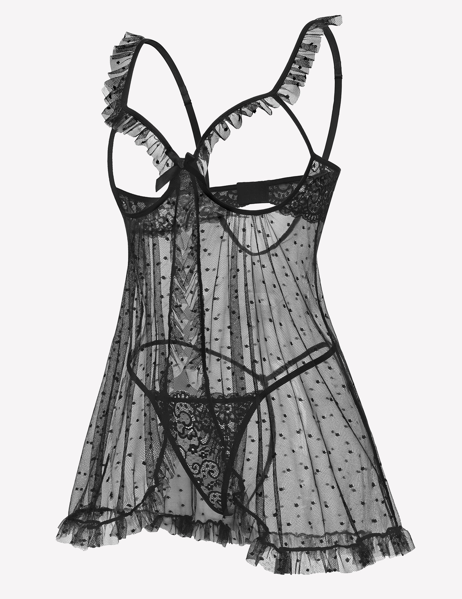Black polka-dot mesh babydoll with strappy back and lace-trim cutout waist
