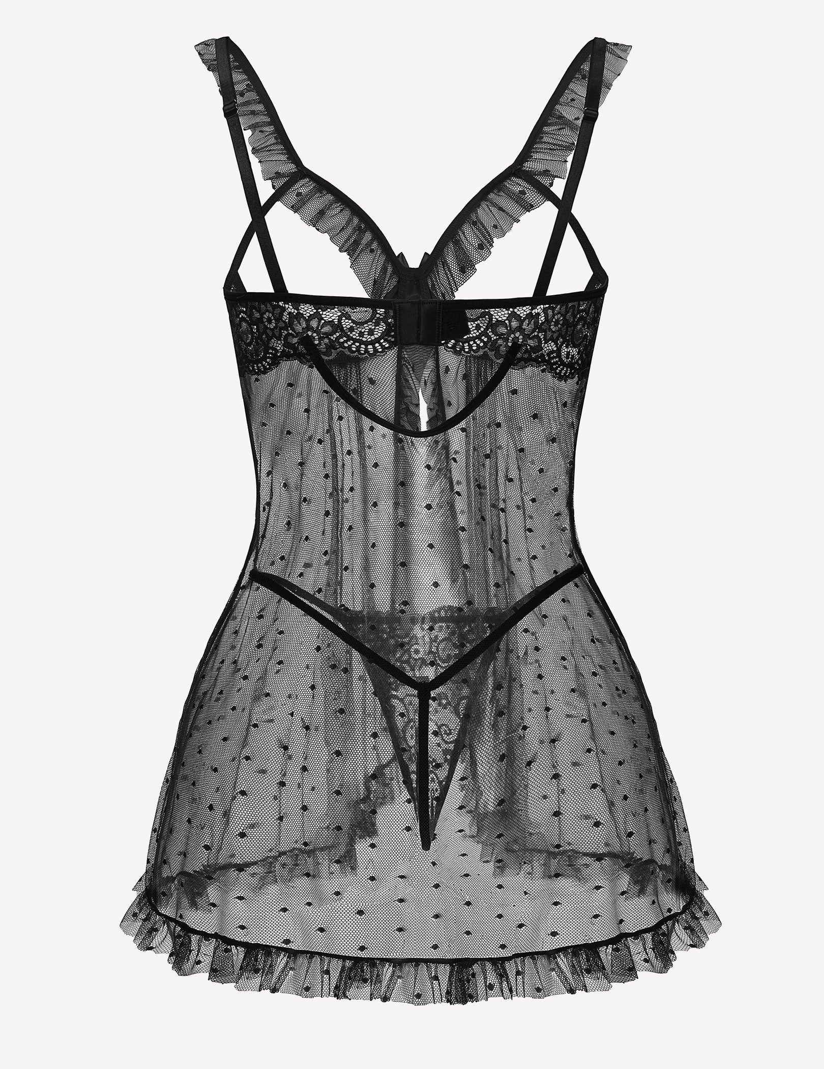 Black polka-dot mesh babydoll with lace-trim front and ruffled shoulder straps