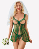 Green polka-dot mesh babydoll with open front tie, ruffle trim and cutout waist