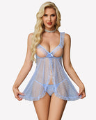 Light blue polka-dot mesh babydoll with ruffle trim and lace cutout lingerie