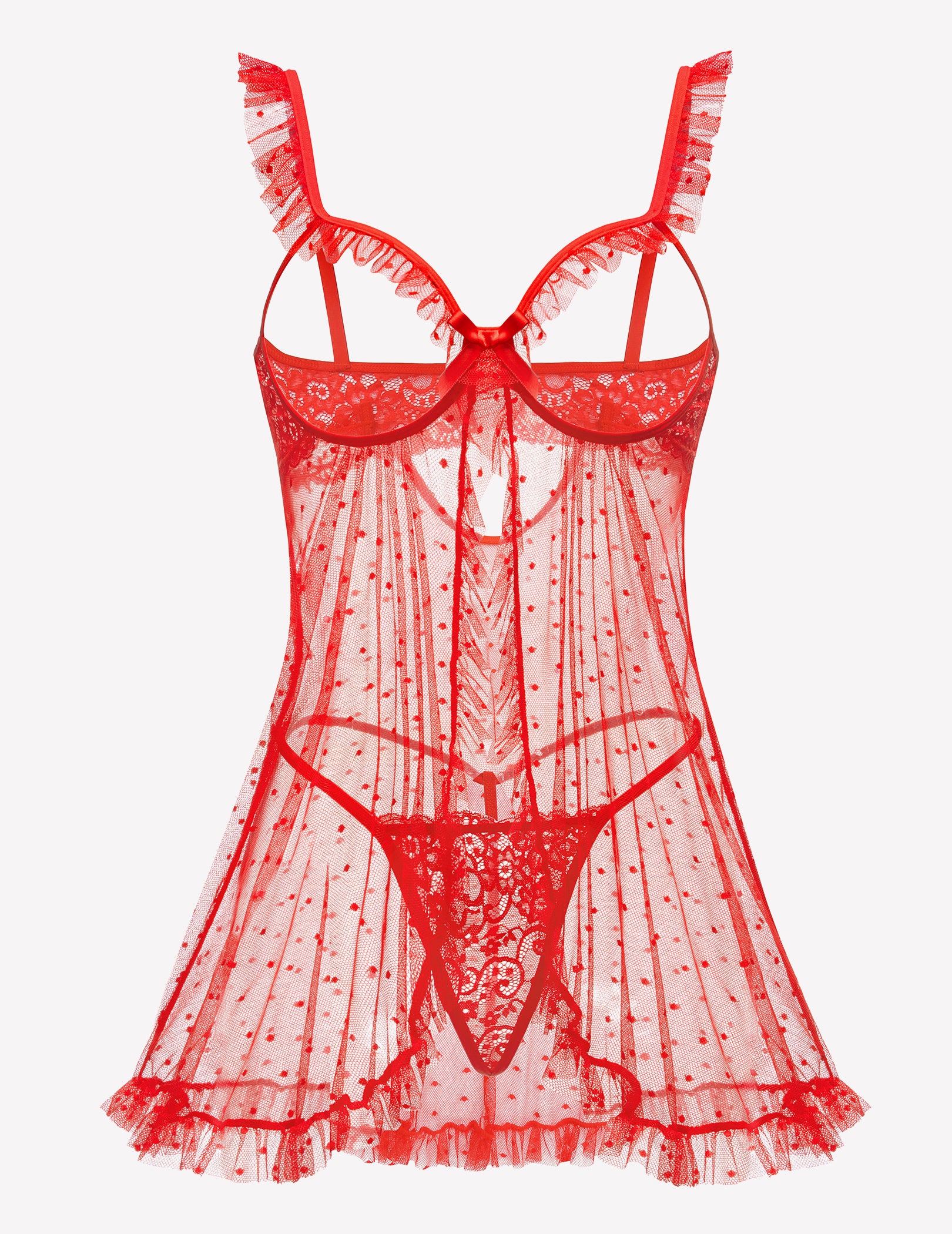 Red polka dot babydoll lingerie with lace cups, thong cutout, and ruffled edges