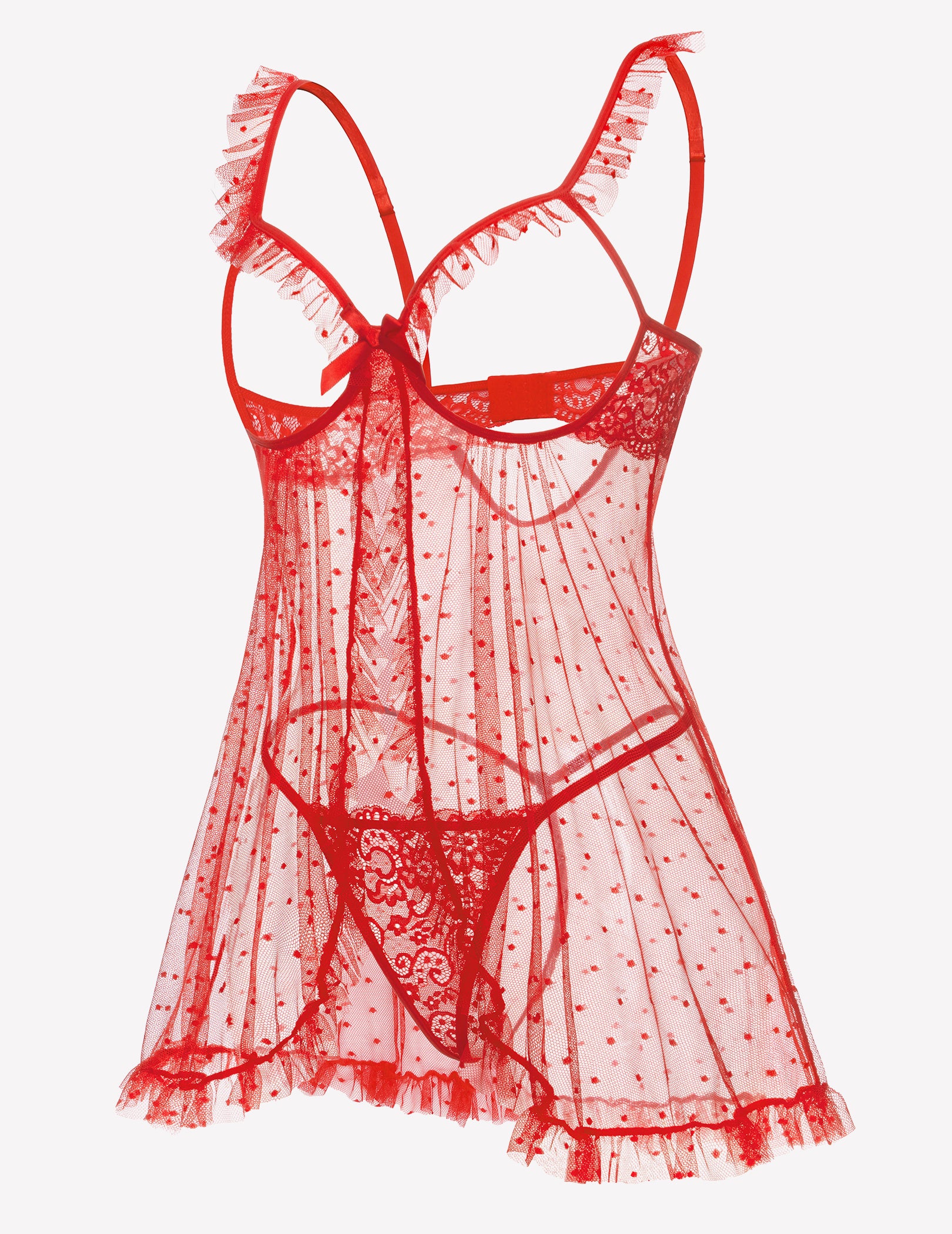 Red polka dot babydoll lingerie set with lace cups and ruffled hem