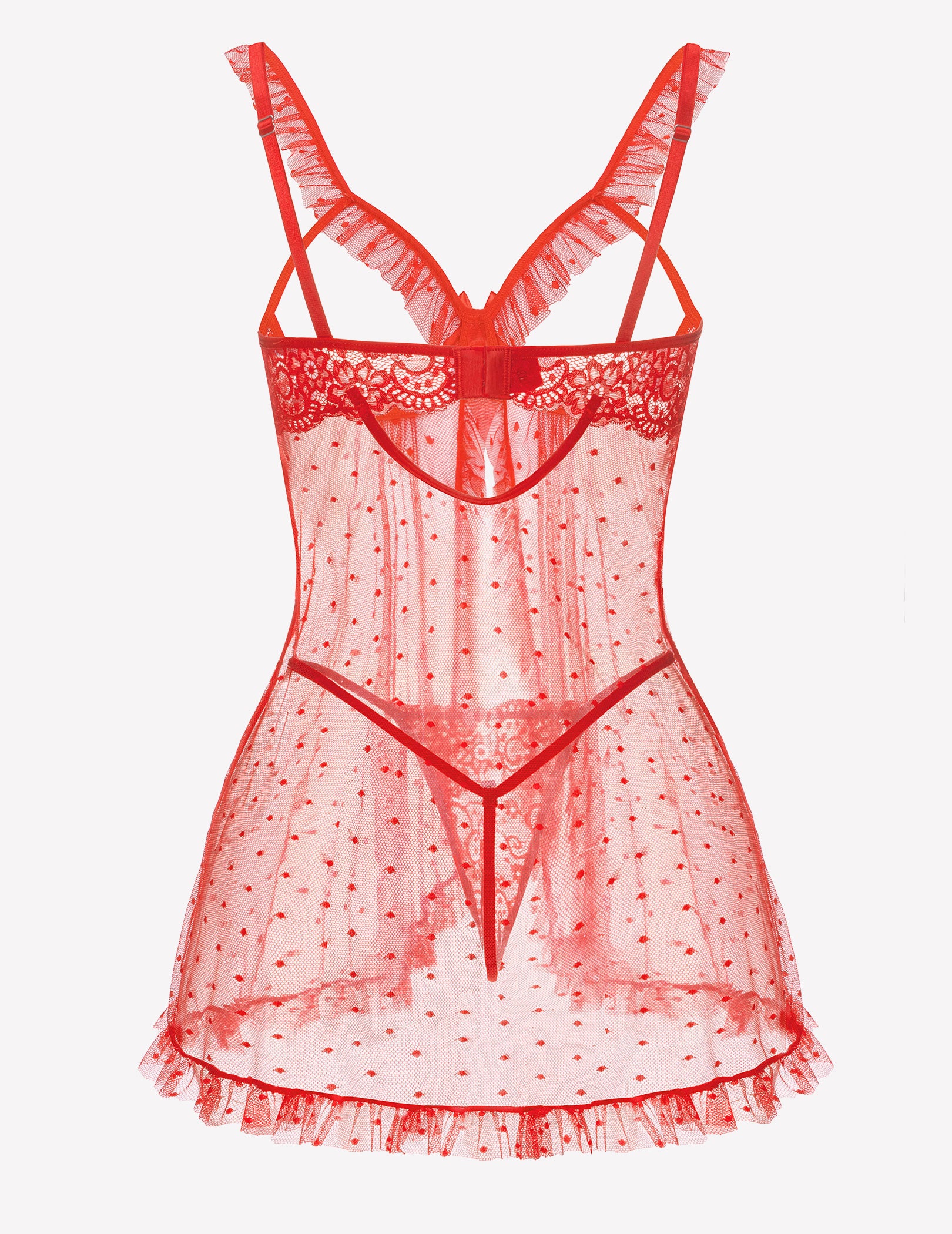 Red polka dot babydoll lingerie with lace trim and ruffled hem