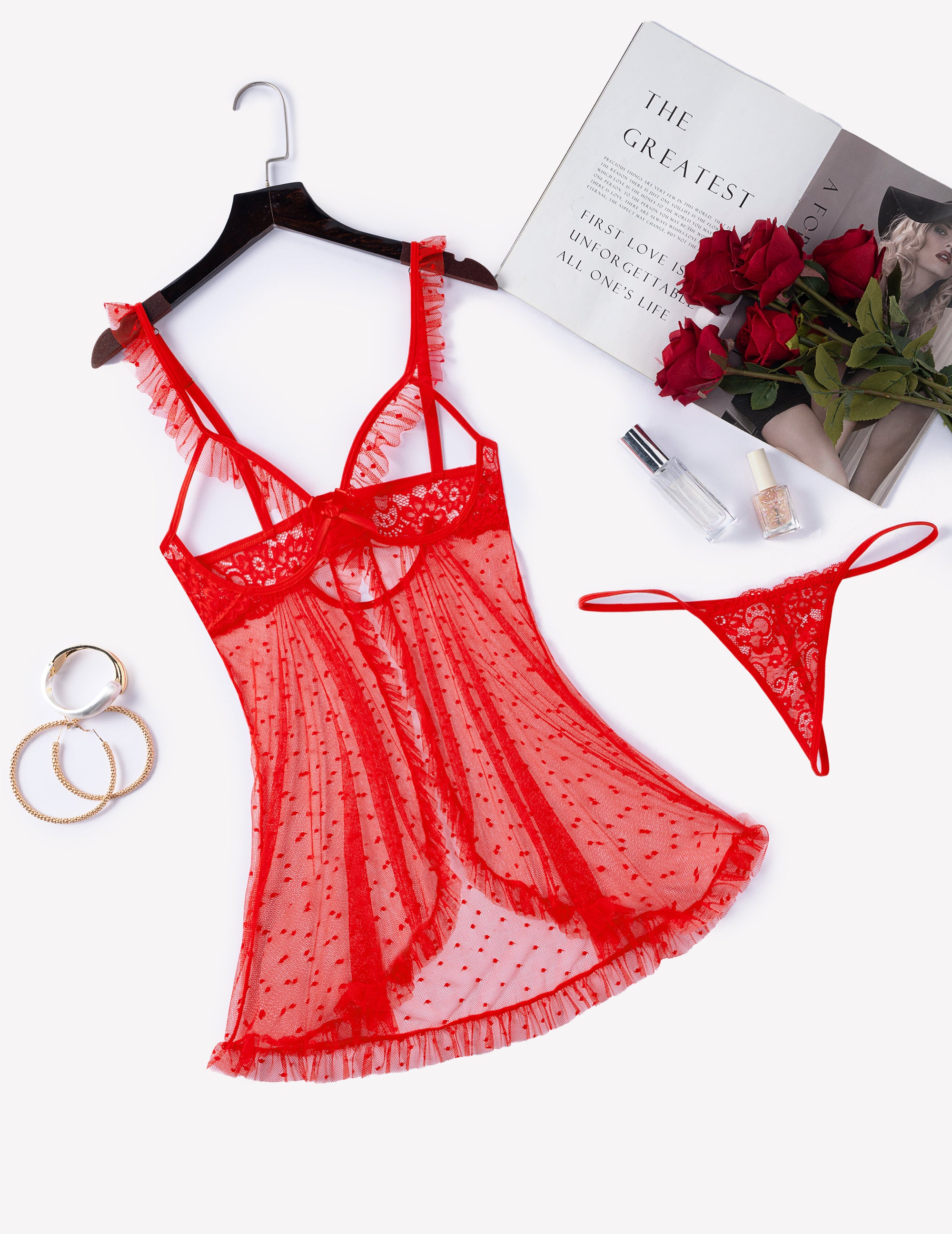 Red polka dot babydoll lingerie with matching thong and ruffled neckline