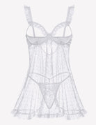 White polka dot babydoll lingerie with lace cups, thong cutout, and ruffled trim