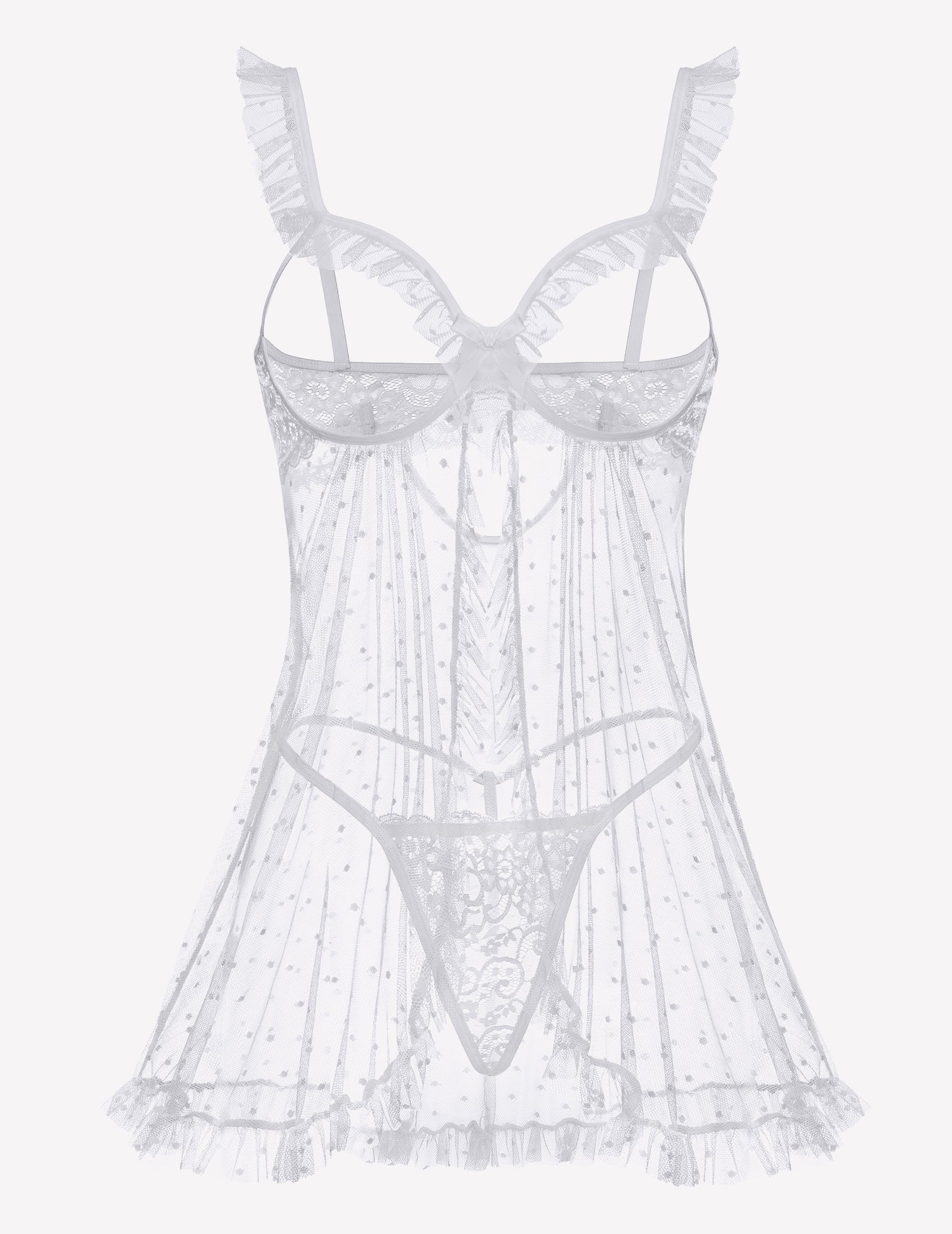 White polka dot babydoll lingerie with lace cups, thong cutout, and ruffled trim