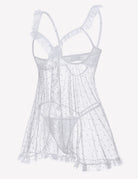 White polka dot babydoll lingerie with ruffled straps, lace cups, and sheer skirt
