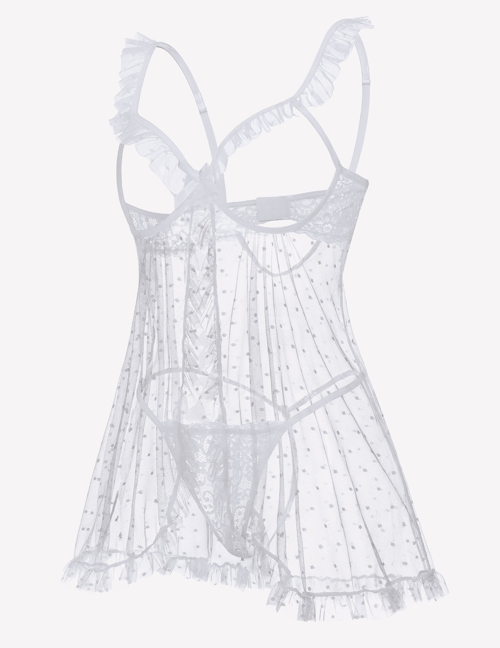 White polka dot babydoll lingerie with ruffled straps, lace cups, and sheer skirt