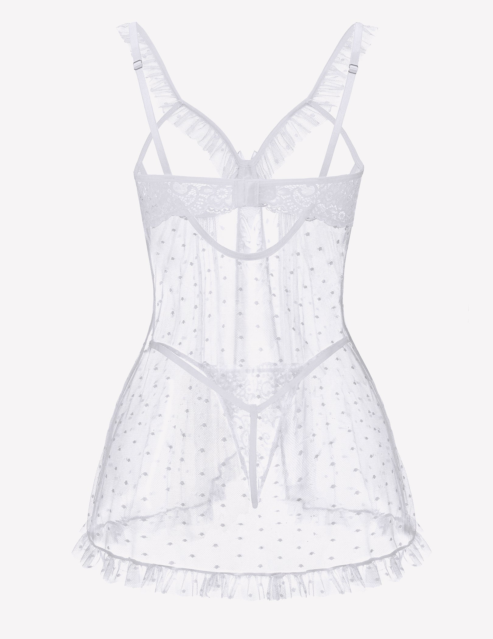 White polka dot babydoll lingerie with lace bodice and layered ruffle hem