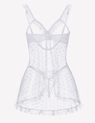 White polka dot babydoll lingerie with lace bodice and layered ruffle hem