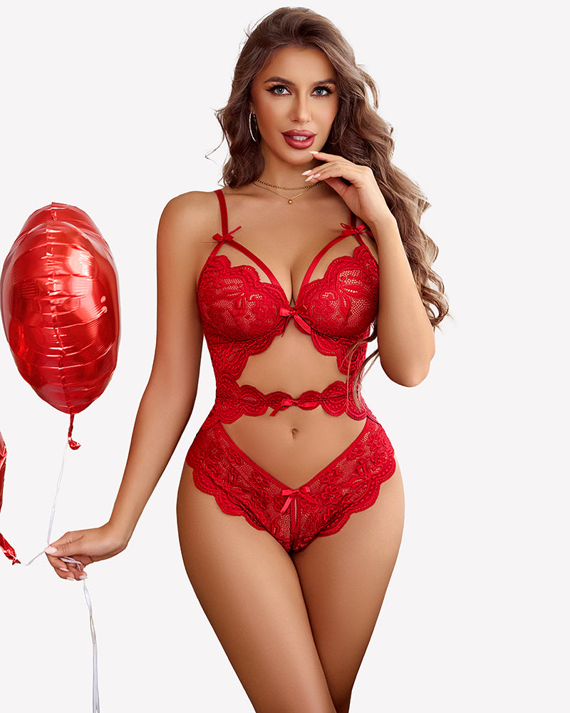 Red lace teddy bodysuit with heart cutout and underwire cups