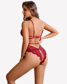 Lace cut-out teddy bodysuit, deep red lace with adjustable straps and thong back
