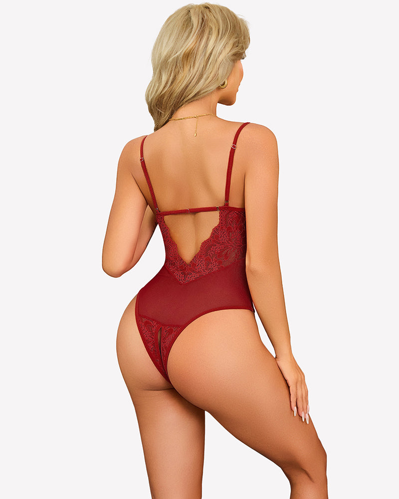 Red lace teddy bodysuit back with thin shoulder straps