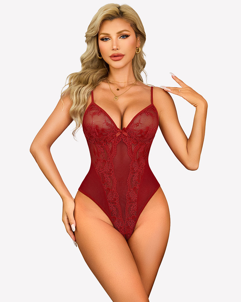 Red v-neck lace teddy bodysuit with thin straps and lace front
