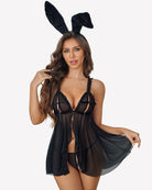 Black sheer mesh babydoll with open front ruffles and matching thong, bunny-ear headband