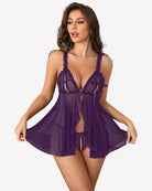 Purple sheer mesh babydoll with open front ruffles and matching thong, lace-trim straps