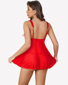 Red sheer mesh babydoll with lace straps and ruffle skirt, open back thong
