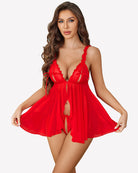 Red sheer mesh babydoll with lace-trim cups and ruffle skirt