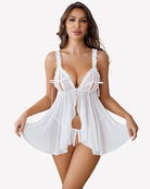 White sheer mesh babydoll with lace-trim cups and ruffle skirt