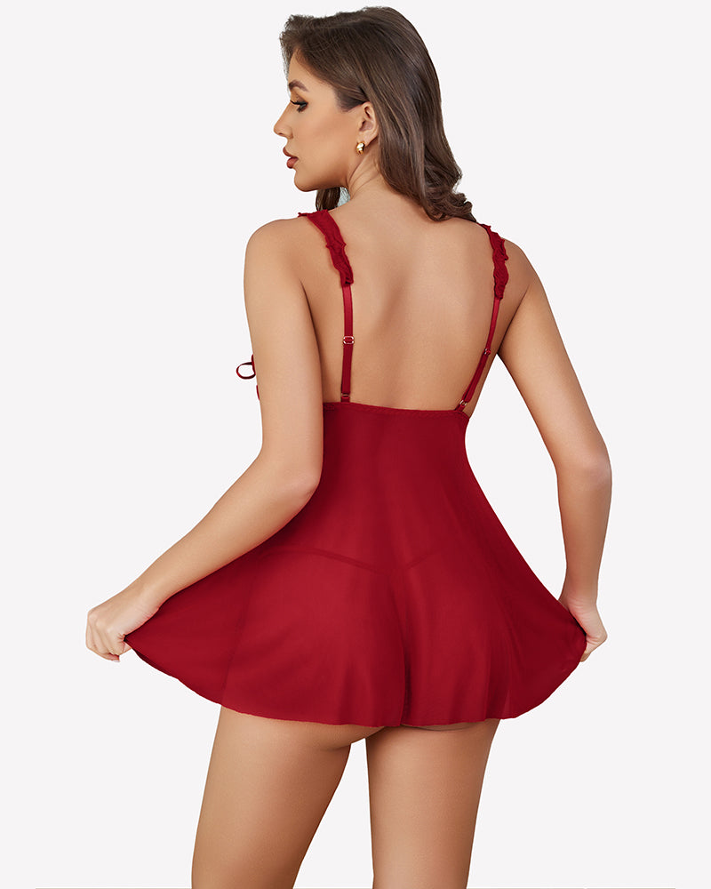 Burgundy sheer mesh babydoll with lace straps and ruffle skirt, open back