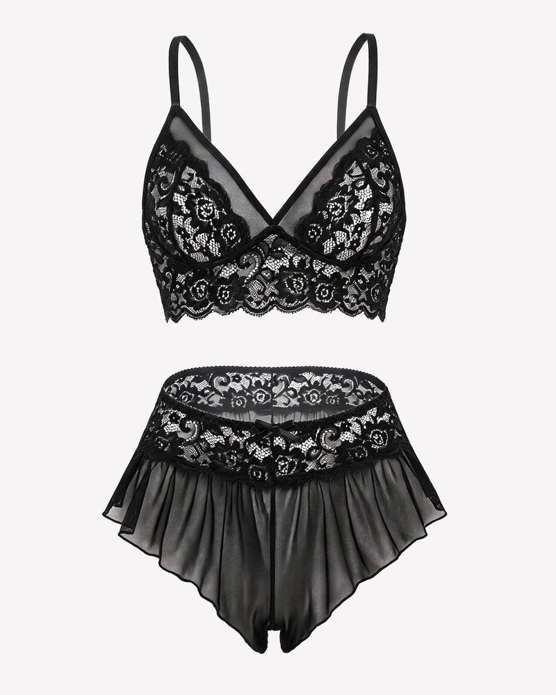 Black lace sheer mesh bralette and ruffled skirt panty set