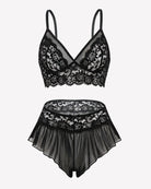 Black lace sheer mesh bralette and ruffled skirt panty set