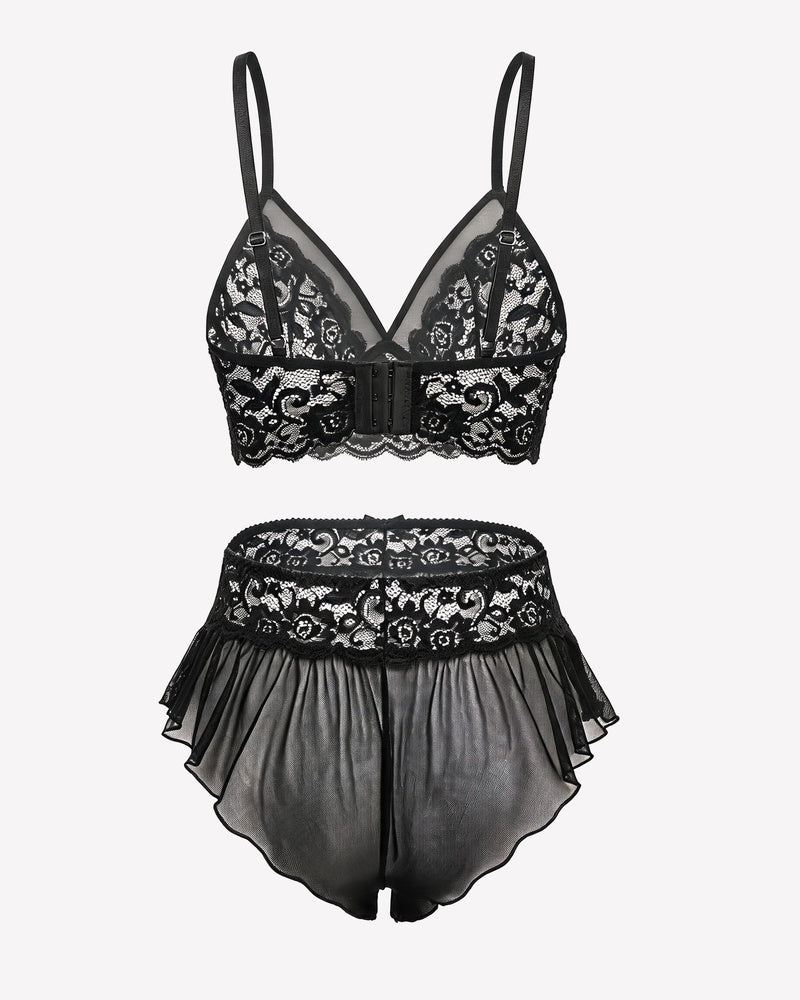 Black lace bralette and ruffled skirt panty set with sheer mesh