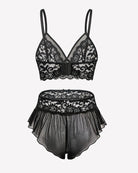 Black lace bralette and ruffled skirt panty set with sheer mesh