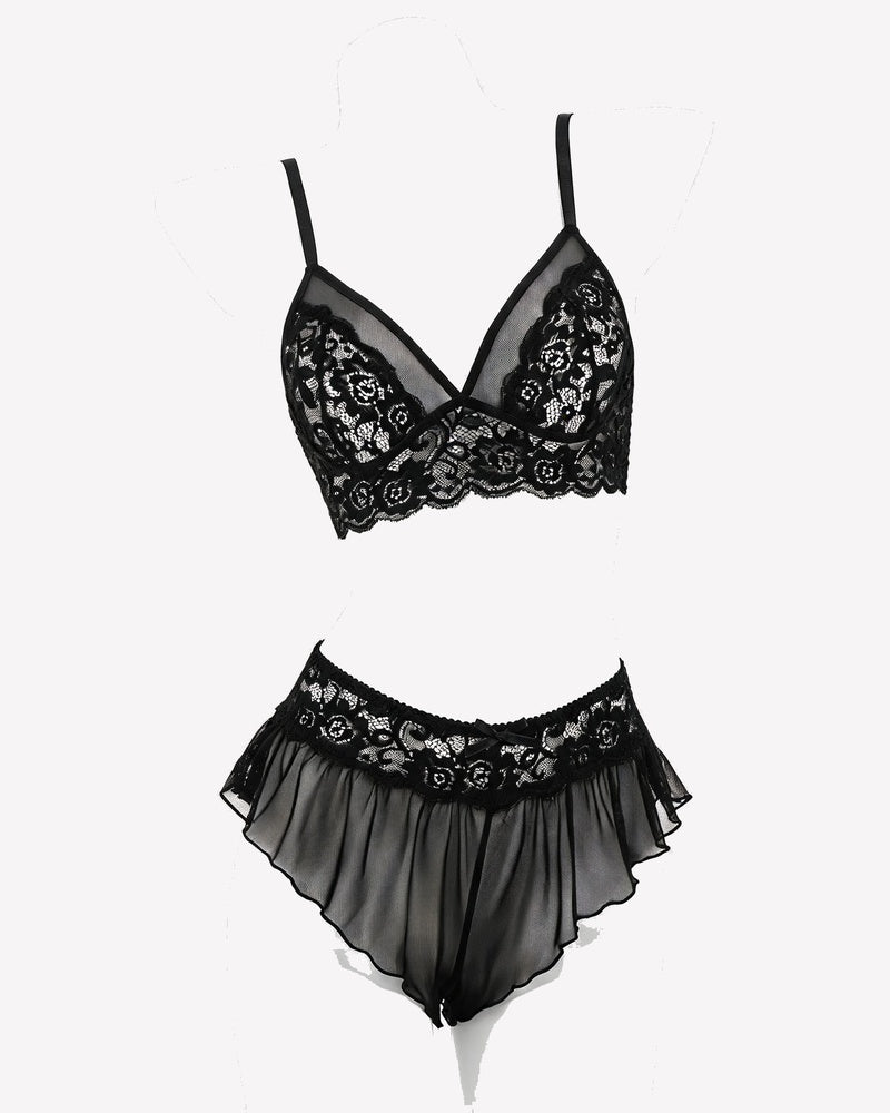 Black lace sheer bralette and high-rise ruffled skirt panty set