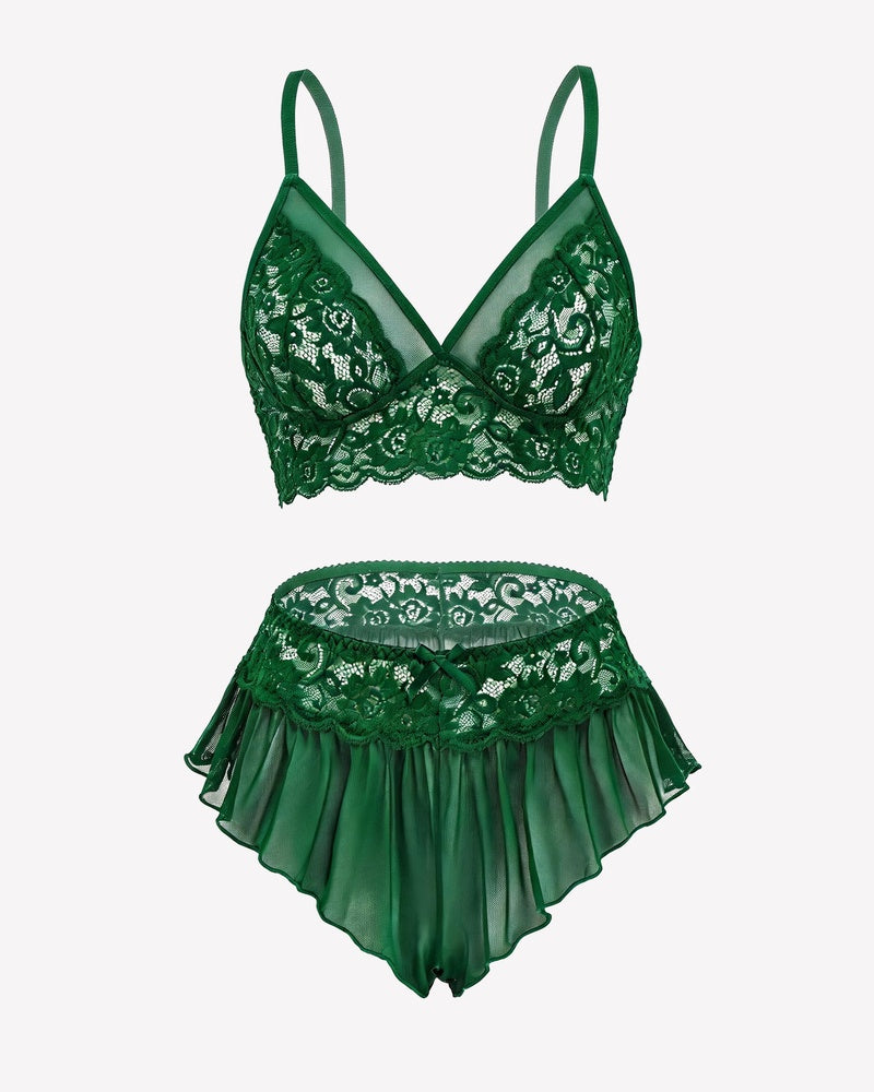 Green lace sheer mesh bralette and ruffled skirt panty set