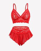 Red lace sheer mesh bralette and ruffled skirt panty set