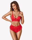 Red lace bralette and ruffled skirt panty set on model
