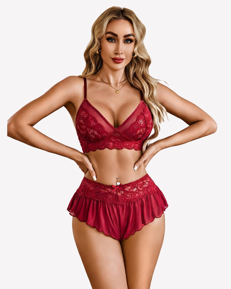 Wine red lace bralette and ruffled skirt panty set, no underwire