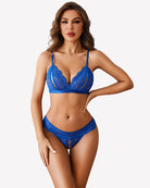 Blue lace bra and panty set with scalloped lace trim