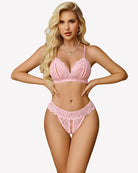 Pink lace bra and panty set with scalloped lace trim