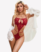 Red underwired lace teddy with front cutout and matching lace briefs