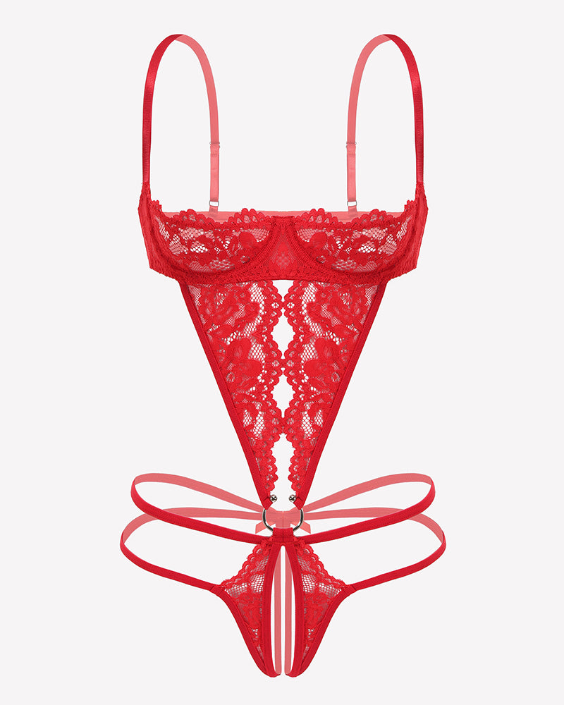 Red lace teddy with deep V front, scalloped straps, and ribbon-like front tie detail