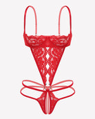 Red lace teddy with deep V front, scalloped straps, and ribbon-like front tie detail