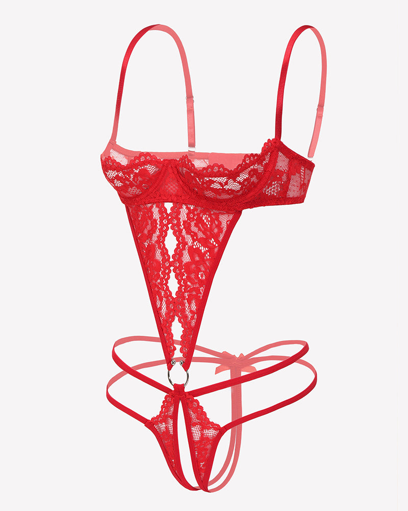 Red lace deep V teddy with underwire cups and crisscross back straps