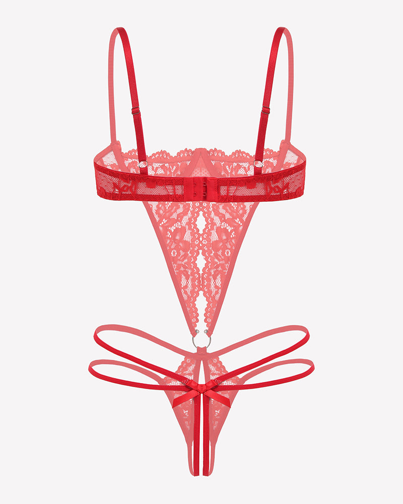 Red lace deep V teddy with underwire cups and looped crisscross back straps