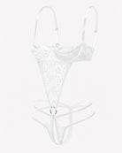White lace underwire deep V bodysuit teddy with scalloped cups and crisscross straps