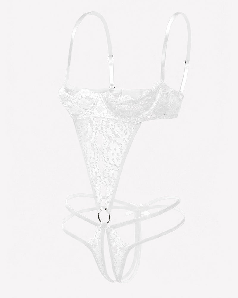 White lace underwire deep V bodysuit teddy with scalloped cups and crisscross straps