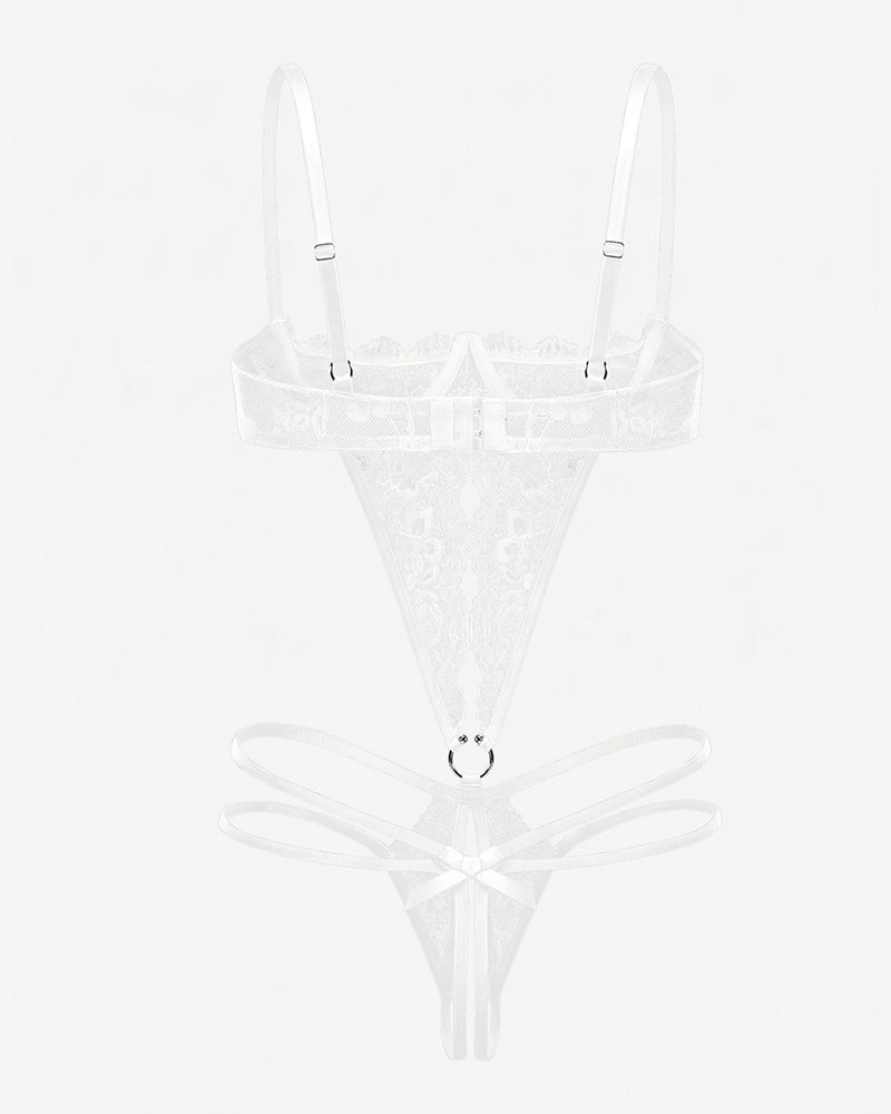White lace deep V teddy with underwire cups and crisscross front straps with thong back