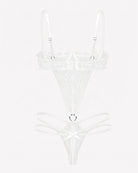 White lace deep V teddy with underwire cups and crisscross front straps with thong back