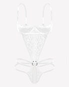 White lace deep V teddy with underwire cups and ribbon-style tie at the center