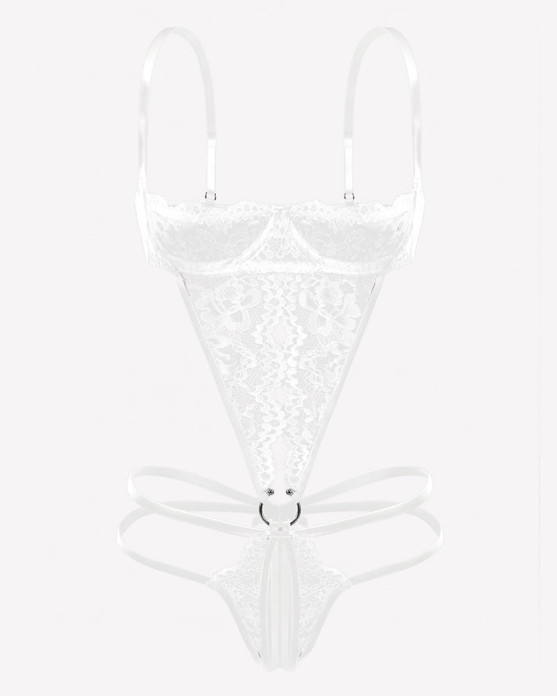 White lace deep V teddy with underwire cups and ribbon-style tie at the center
