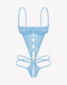 Light blue lace underwire deep V teddy bodysuit with strappy tie-front and cutout