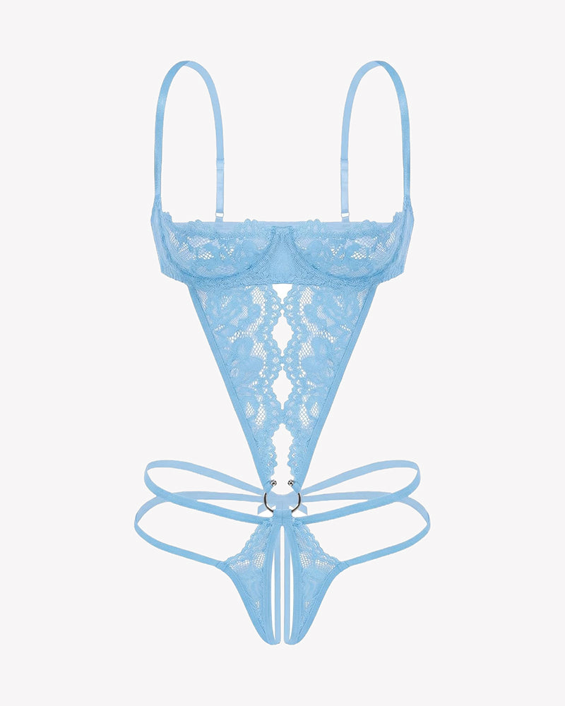 Light blue lace underwire deep V teddy bodysuit with strappy tie-front and cutout